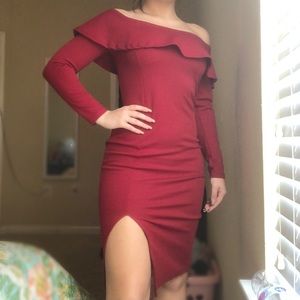 Long sleeve Burgundy Bardot Dress with leg slit!